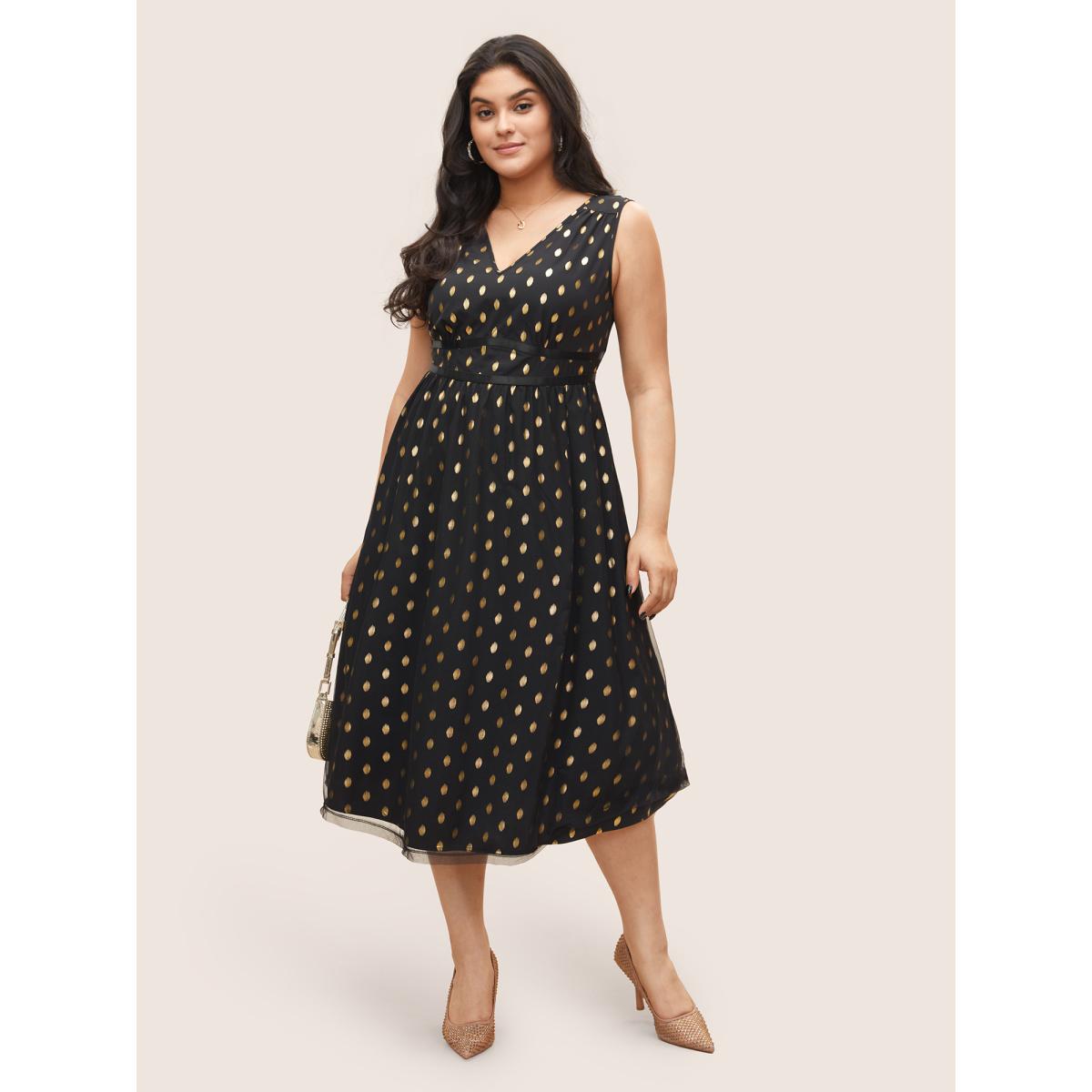 Plus Size Glitter Polka Dot Pocket Patchwork Tank Dress Black Women Cocktail Non V-neck Sleeveless Curvy Midi Dress BloomChic 12/L Product Image