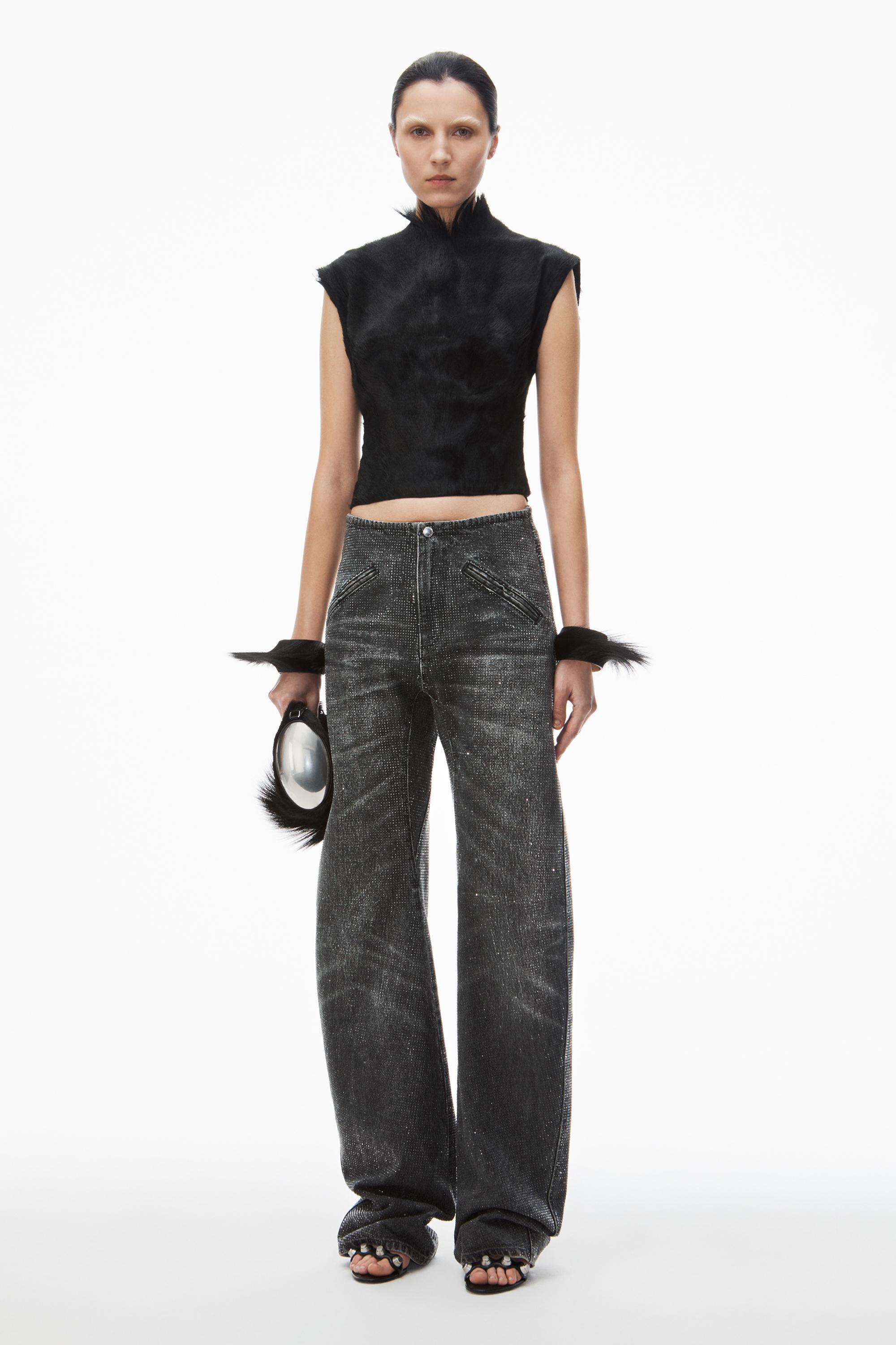 Clear Crystal Hotfix Moto Pant In Cotton Denim Product Image