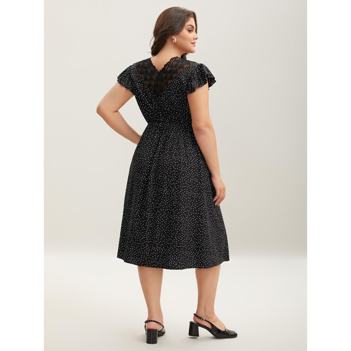 Plus Size Sheer Cut-Out Back Pockets Midi Dress Black Women Elegant Woven ribbon&lace trim Round Neck Cap Sleeve Curvy BloomChic 26/4X Product Image