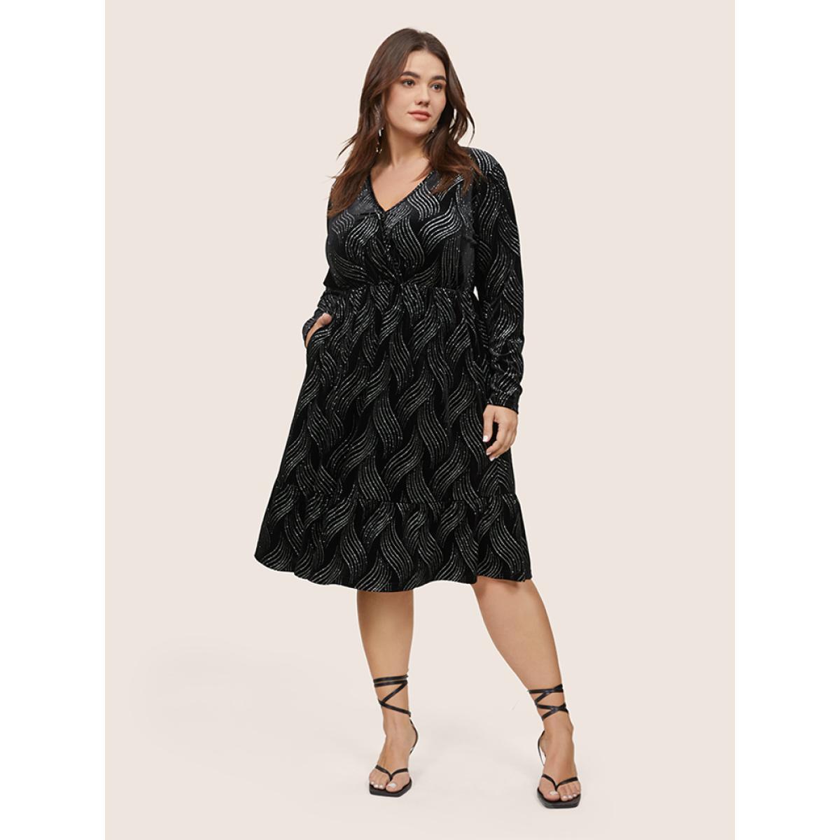 Plus Size Velvet Rhinestone Pocket Overlap Collar Dress Black Women Glamour Velvet Overlap Collar Long Sleeve Curvy Midi Dress BloomChic 22-24/3X Product Image