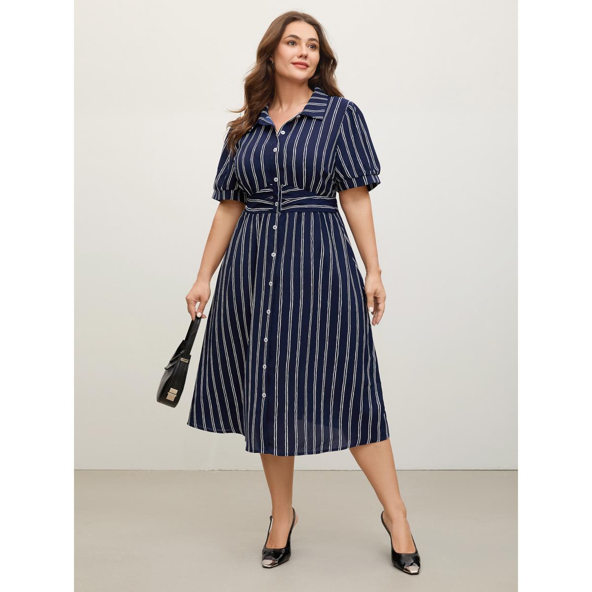 Plus Size Striped Waist-Cinched Pockets Midi Dress Indigo Women Pleated Shirt collar Short sleeve Curvy BloomChic 14-16/1X Product Image