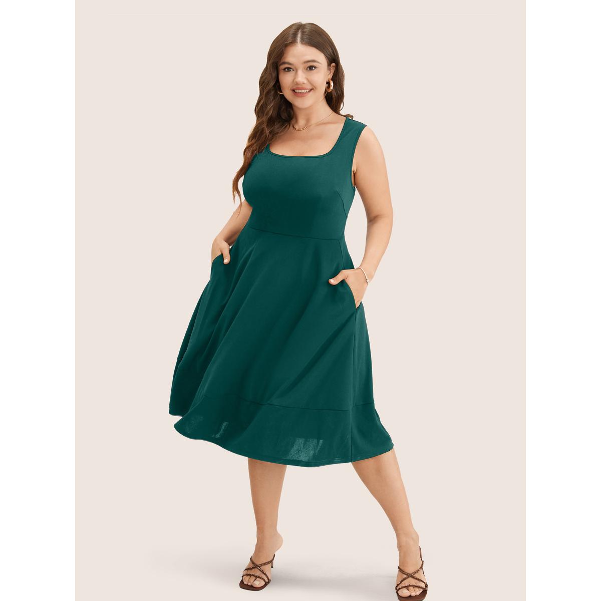 Plus Size Solid Pocket Sleeveless Ruffle Hem Tank Dress Cyan Women Workwear Essentials Non Round Neck Sleeveless Curvy Midi Dress BloomChic 14-16/1X Product Image