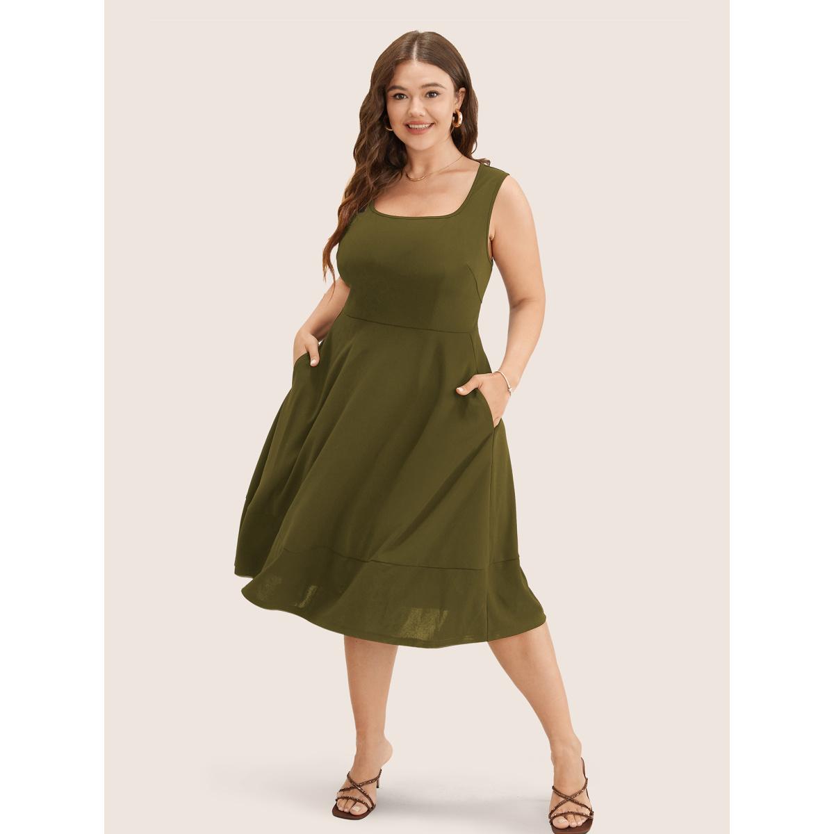 Plus Size Solid Pocket Sleeveless Ruffle Hem Tank Dress ArmyGreen Women Workwear Essentials Non Round Neck Sleeveless Curvy Midi Dress BloomChic 14-16/1X Product Image