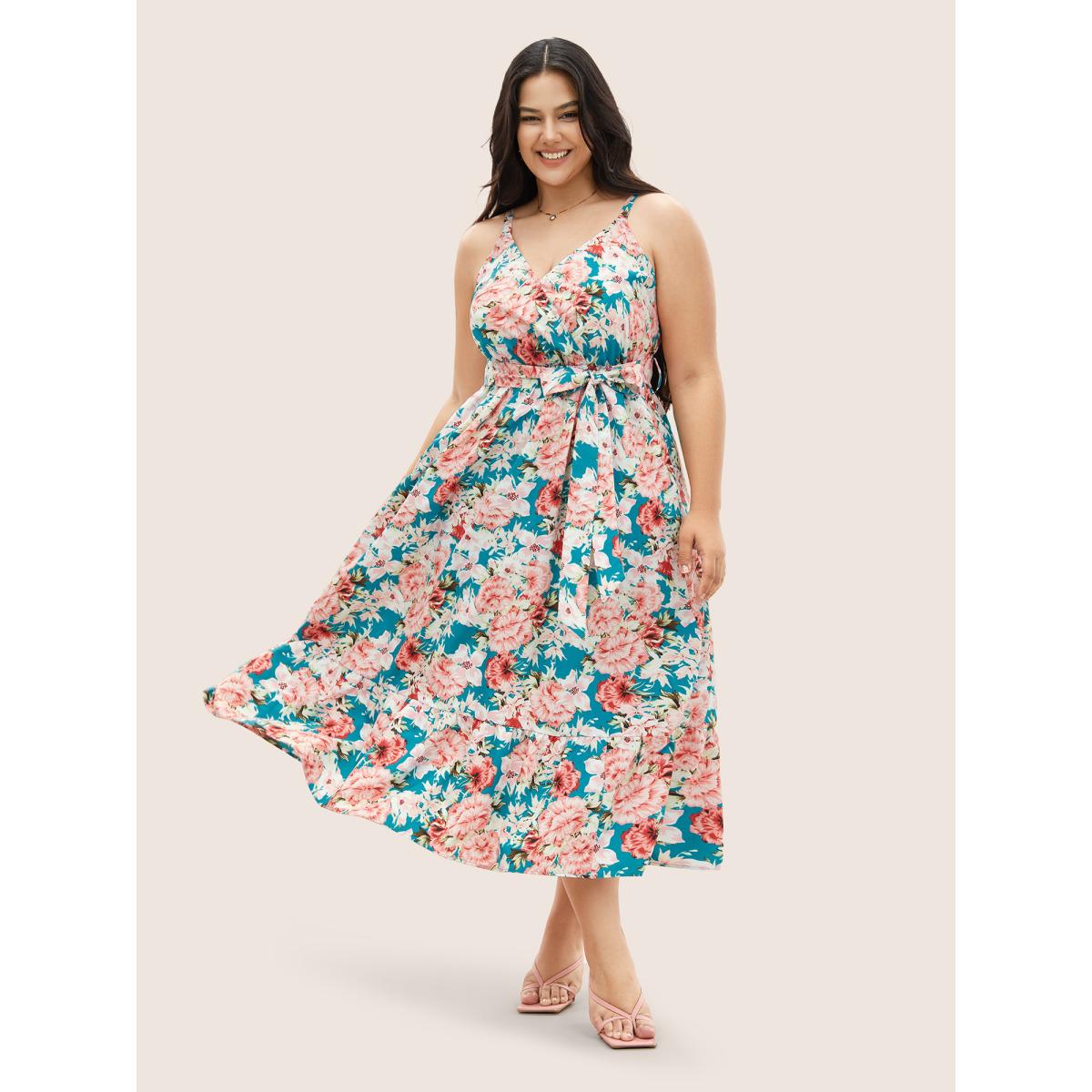 Plus Size Floral Print Wrap Belted Cami Dress Cerulean Women Elegant Overlapping Non Sleeveless Curvy Midi Dress BloomChic 26/4X Product Image