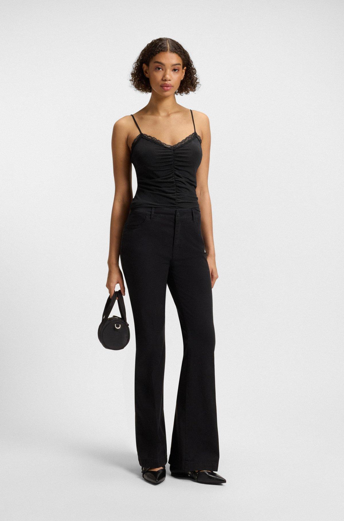 HUGO - Lace-trim top with ruffled front - Black Product Image