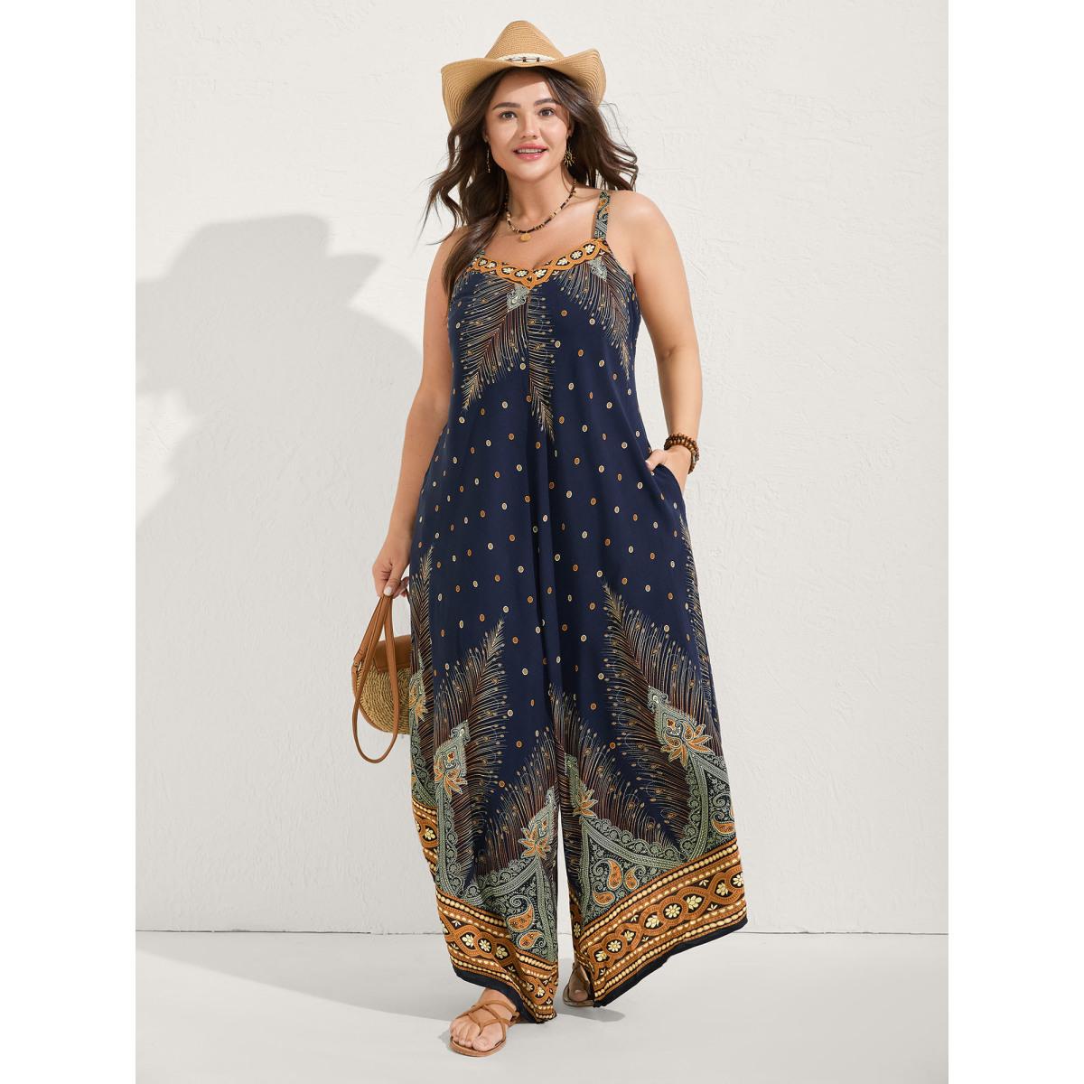 Plus Size Navy Boho Print Asymmetrical Hem Jumpsuit Women Boho Sleeveless V-neck Vacation Loose Jumpsuits BloomChic 28/5X Product Image