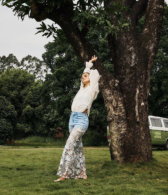 Bayeas Stretch Denim High Rise Lace Embellished Wide Leg Ankle Jeans Product Image