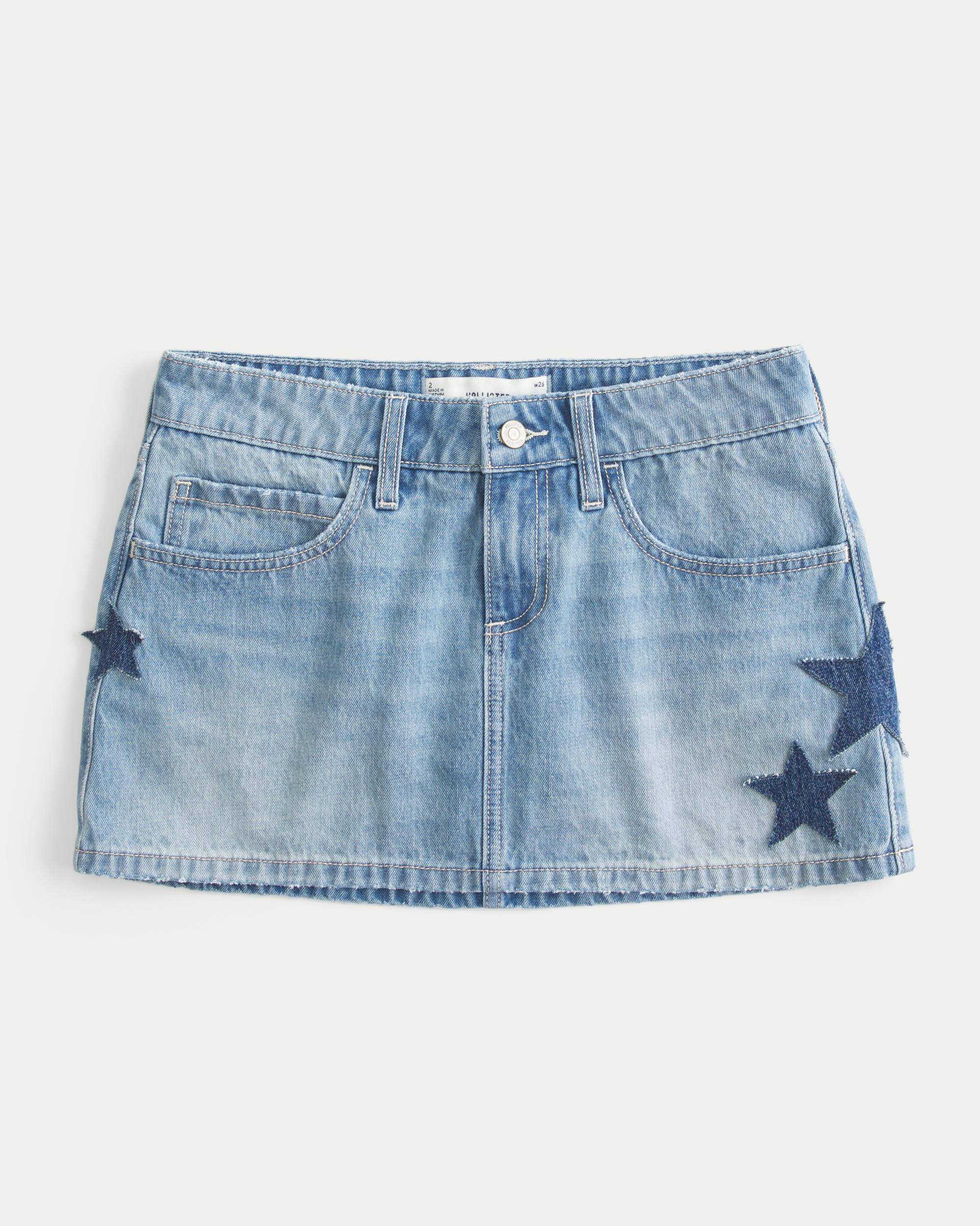 Low-Rise Medium Wash Star Applique Denim Mini Skort Product Image