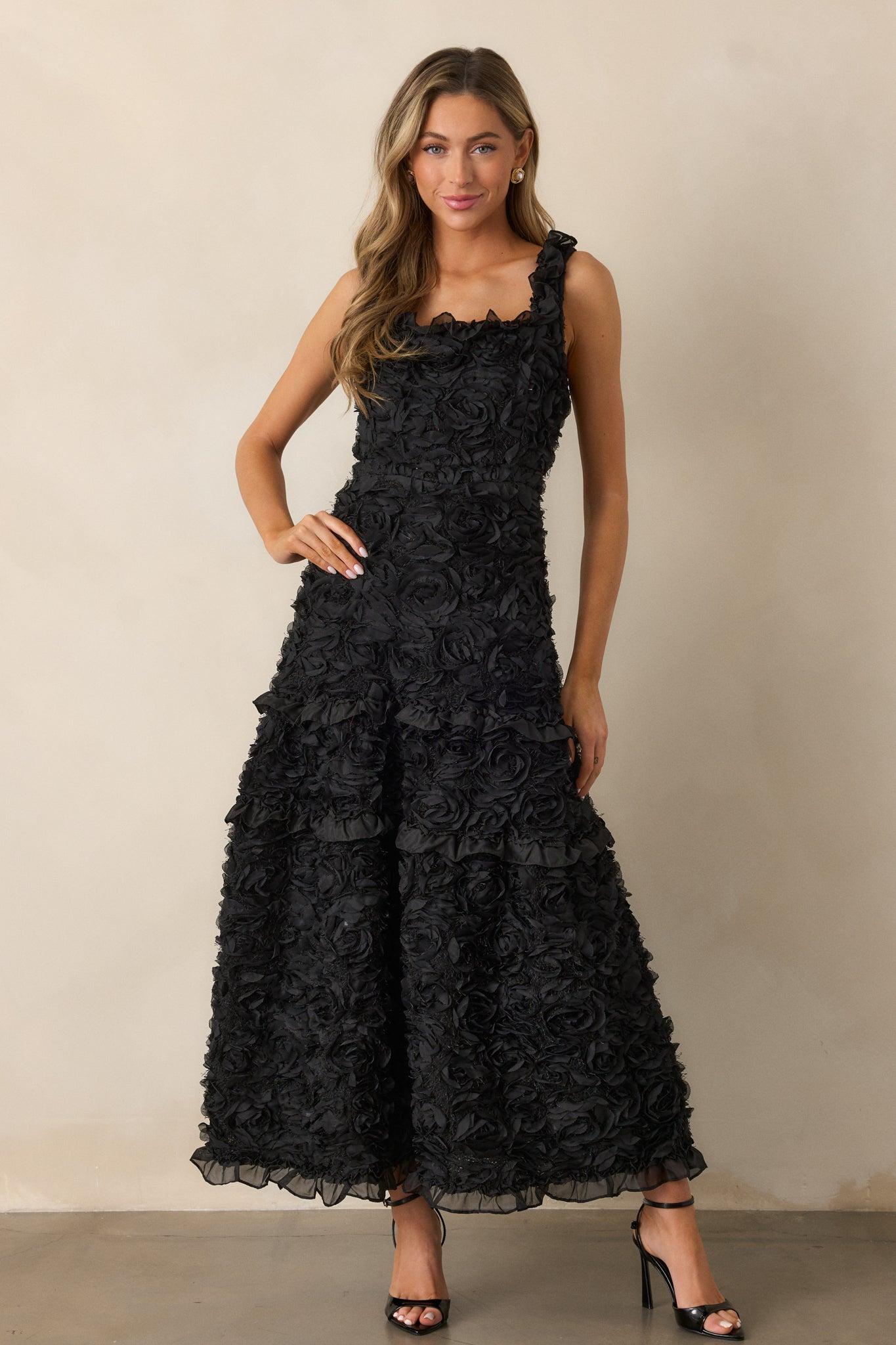 Something Good Black Floral Applique Maxi Dress Product Image