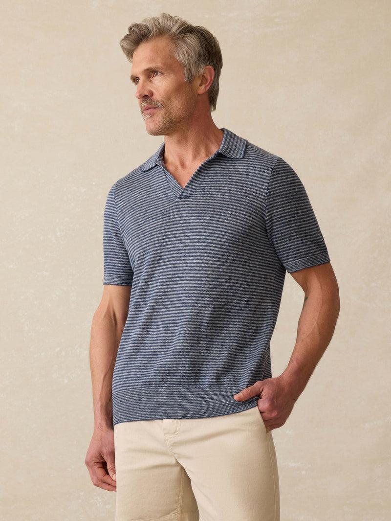 Short-Sleeve Linen Sweater Polo - Cayman Navy Feeder Product Image