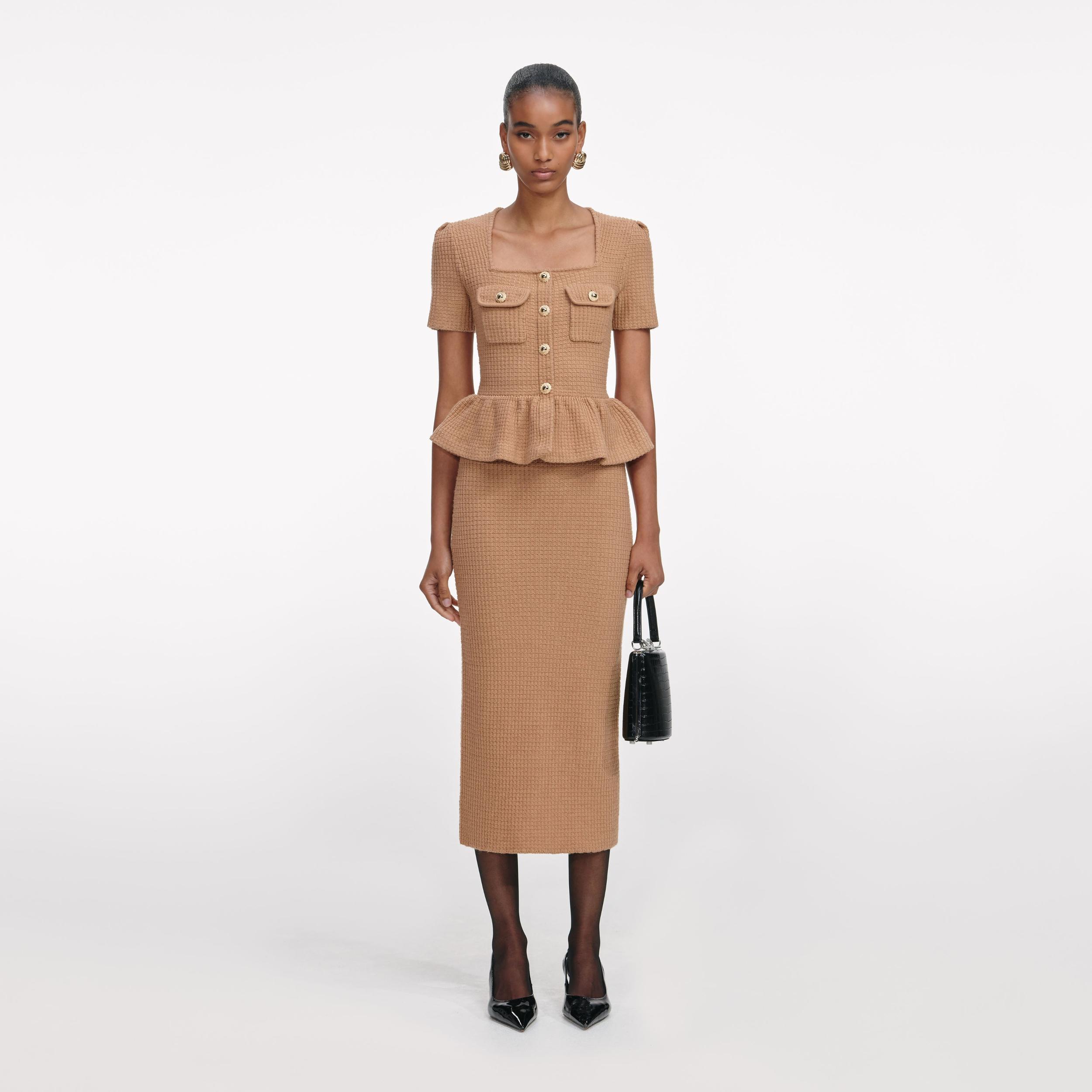 Camel Peplum Knit Midi Dress Product Image