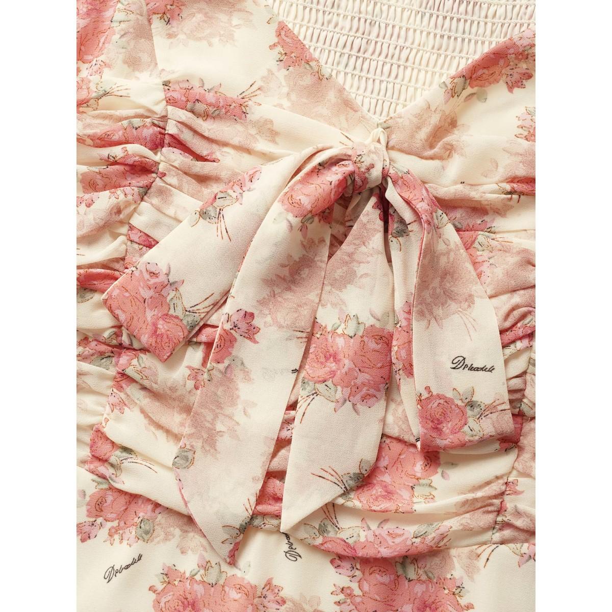 Plus Size Blush Heart Neckline Floral Tie Knot Ruched Blouse Women Elegant Short sleeve Heart neckline Everyday Blouses BloomChic 18-20/2X Product Image