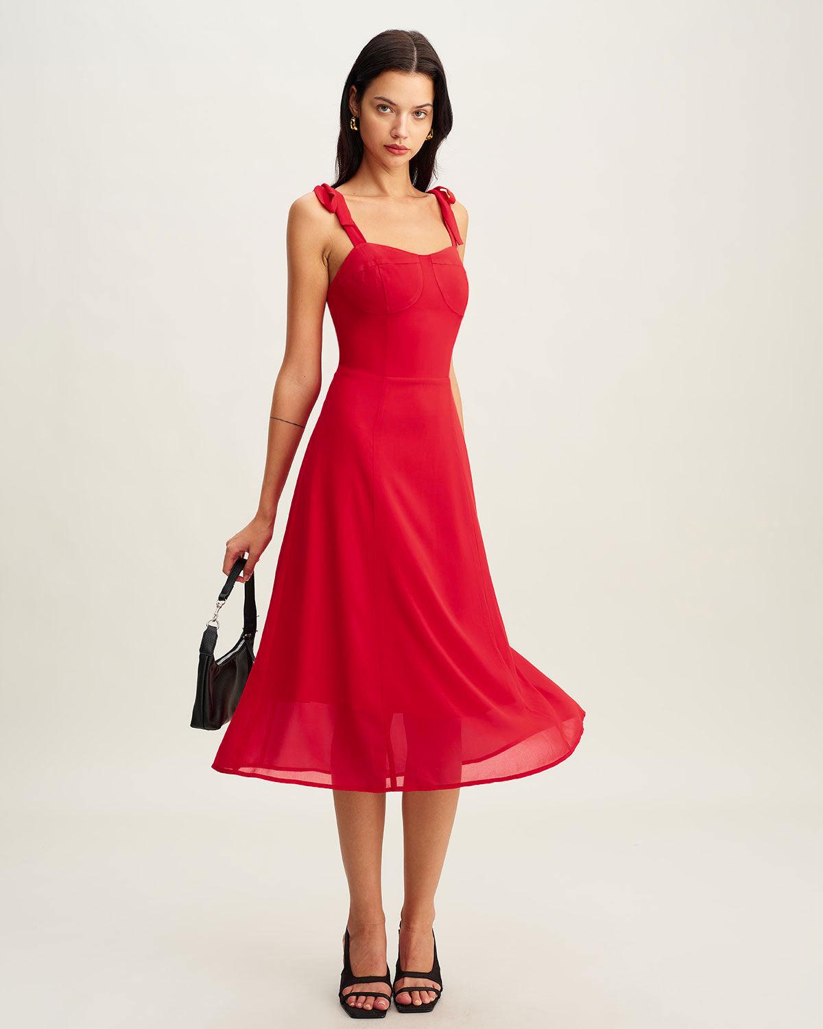Red Sweetheart Neck Tie Strap Midi Dress Product Image