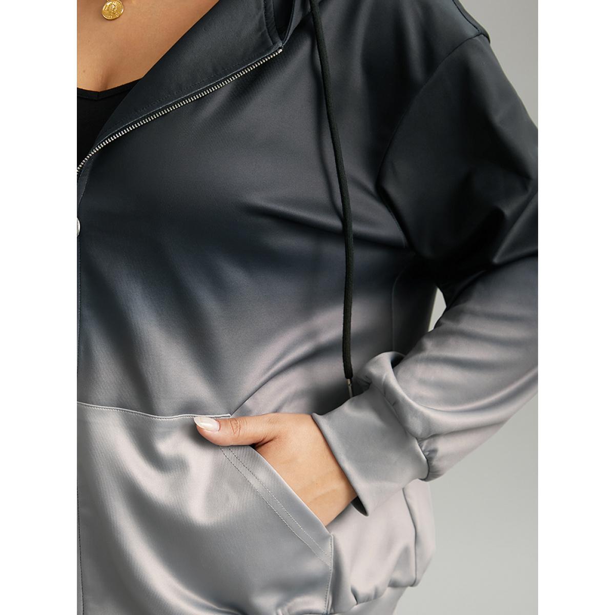Plus Size Ombre Contrast Zipper Pocket Drawstring Jacket Women Gray Contrast Pocket Dailywear Jackets BloomChic 18-20/2X Product Image