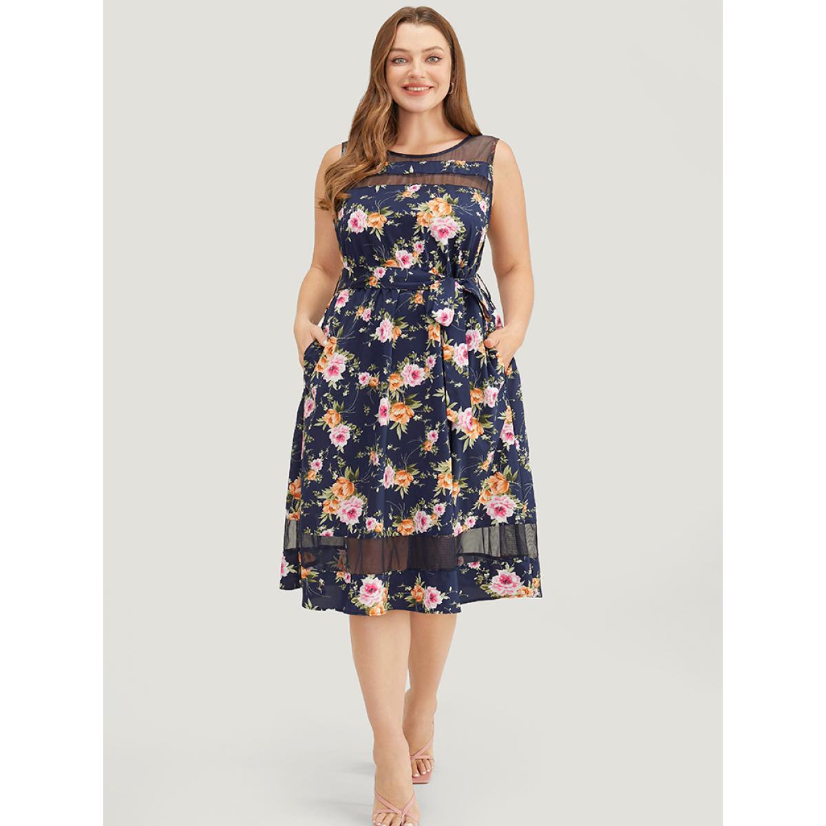 Plus Size Floral Pocket Belted Mesh Insert Flutter Hem Tank Dress Multicolor Women Elegant Belted Round Neck Sleeveless Curvy Knee Dress BloomChic 28/5X Product Image