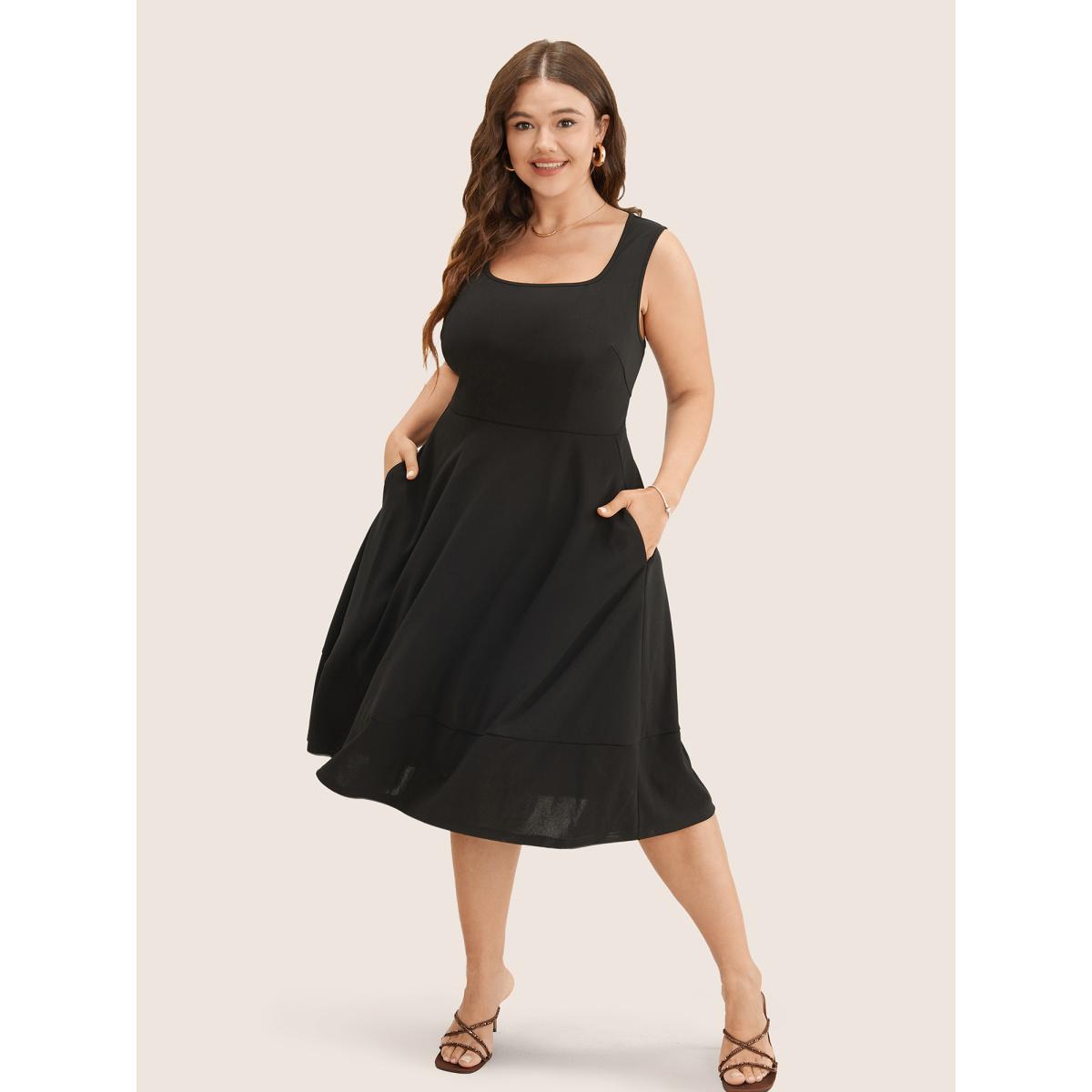 Plus Size Solid Pocket Sleeveless Ruffle Hem Tank Dress Black Women Workwear Essentials Non Round Neck Sleeveless Curvy Midi Dress BloomChic 10/M Product Image