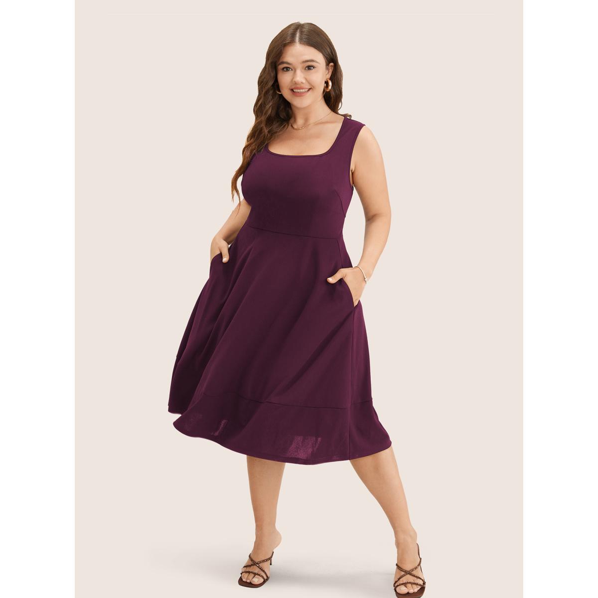 Plus Size Solid Pocket Sleeveless Ruffle Hem Tank Dress Eggplant Women Workwear Essentials Non Round Neck Sleeveless Curvy Midi Dress BloomChic 28/5X Product Image