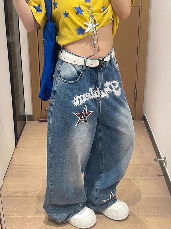 Retro Patchwork Letter Stars Boyfriend Jeans Product Image