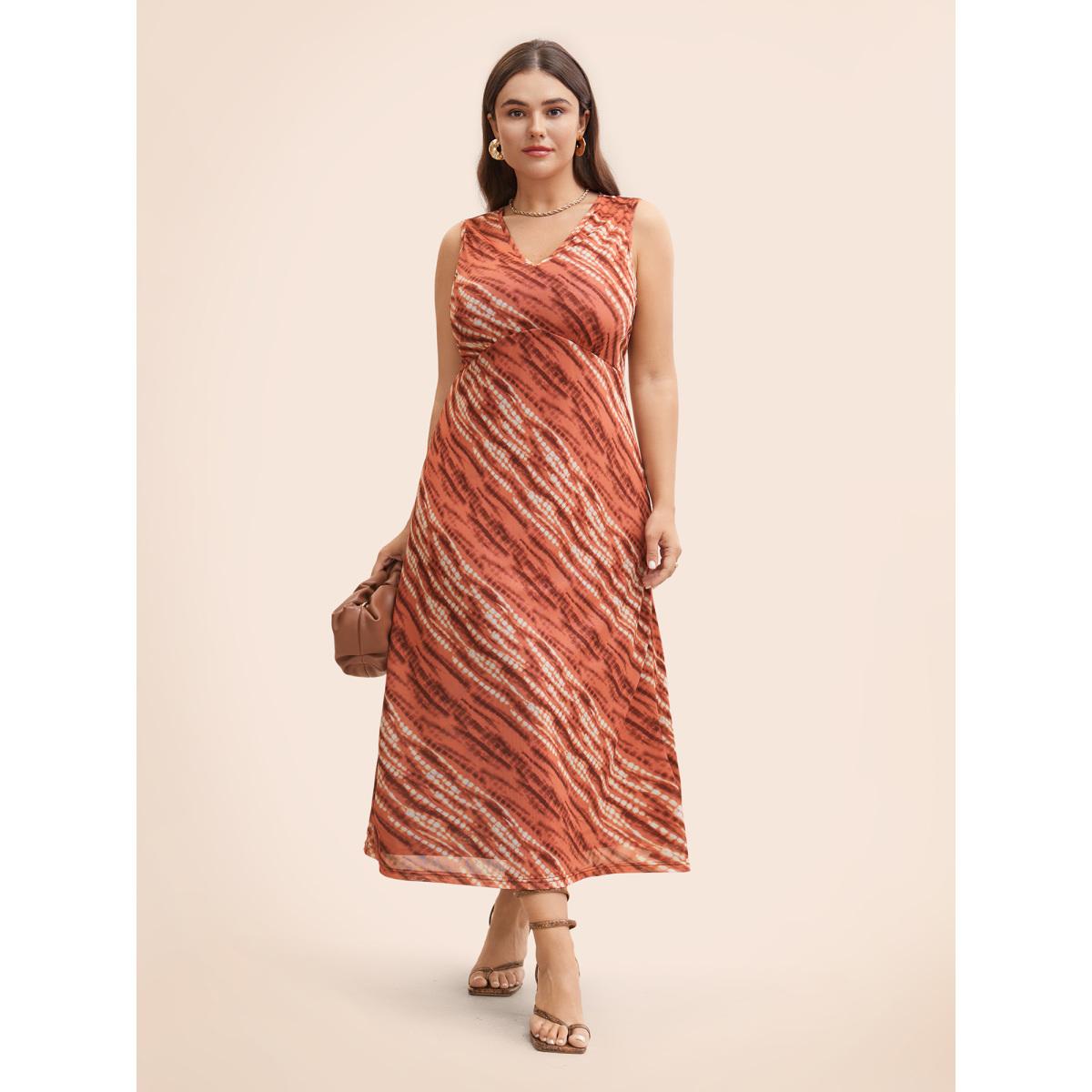 Plus Size V Neck Striped Contrast Tank Dress Yellowishbrown Women Elegant V-neck Sleeveless Curvy BloomChic 28/5X Product Image