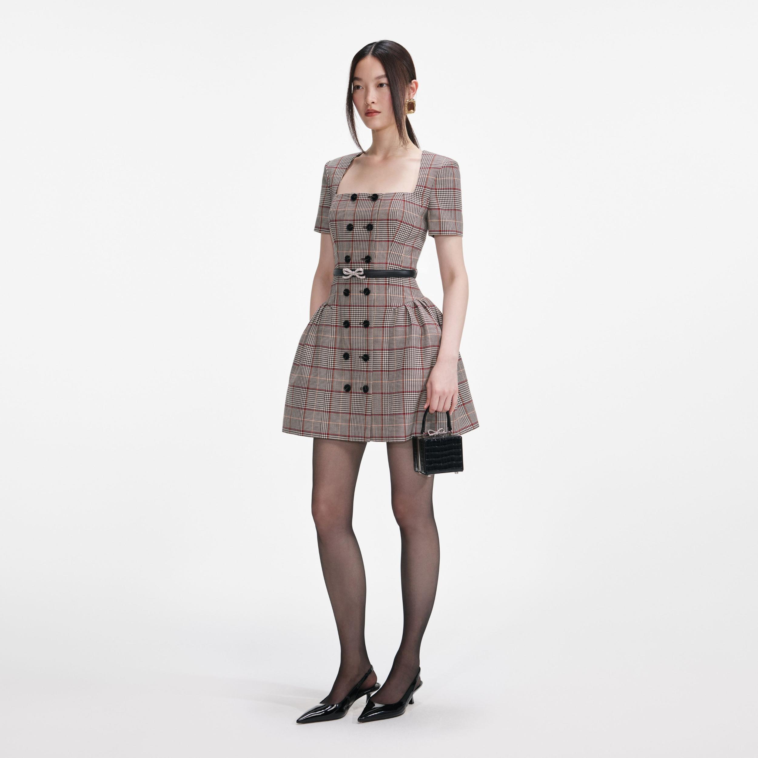 Brown Check Short Sleeve Mini Dress Product Image