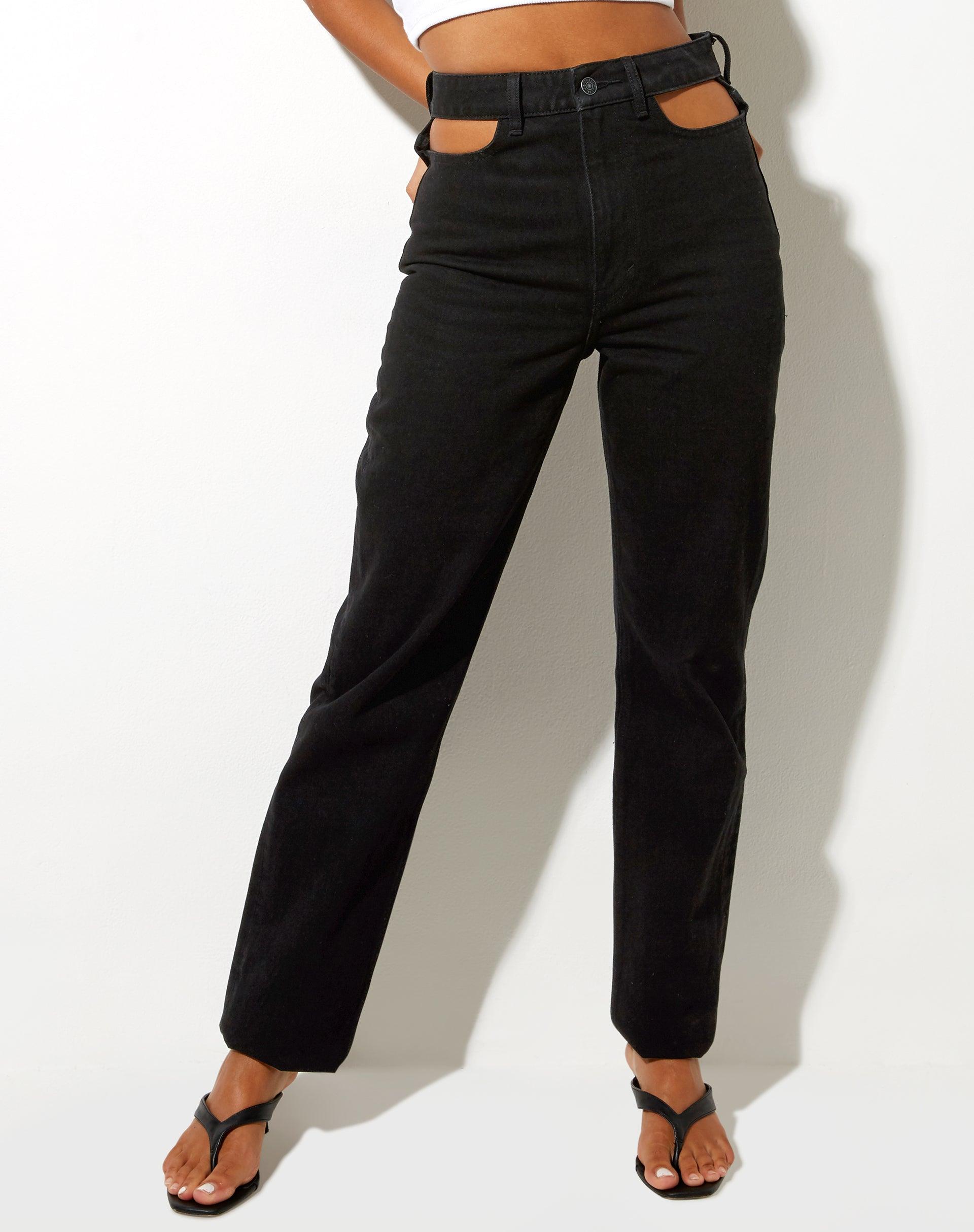 Cut Out Straight Leg Jeans in Black Wash Product Image