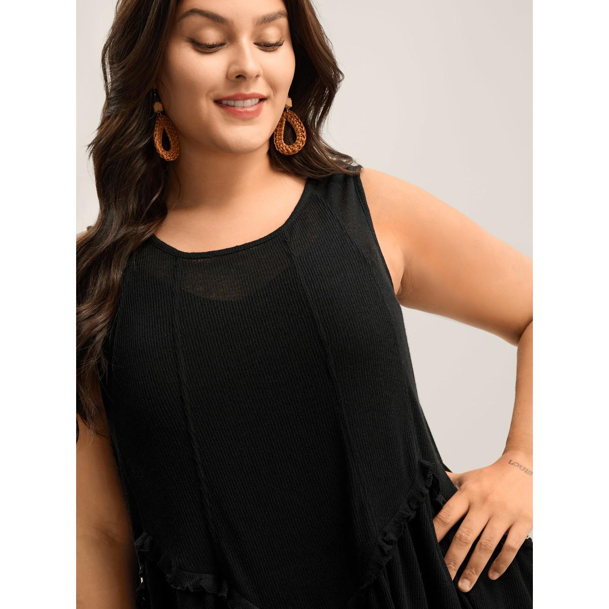 Plus Size Heather Stretchy Sheer High Low Hem Top Women Black Texture Round Neck Vacation Tank Tops Camis BloomChic 28/5X Product Image