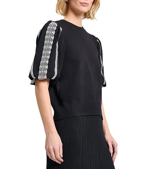 MISOOK Mixed Media Round Neck Lace Short Puff Sleeve Top Product Image