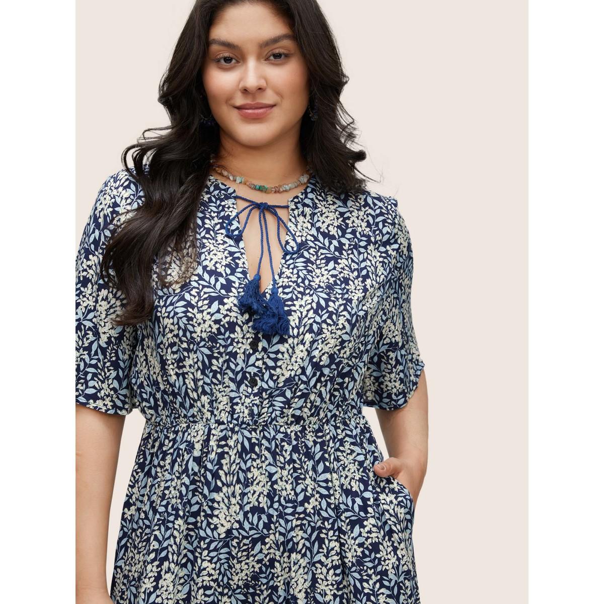 Plus Size Indigo Plants Print Elastic Waist Ties Tassel Trim Jumpsuit Women Resort Short sleeve V-neck Vacation Loose Jumpsuits BloomChic 26/4X Product Image