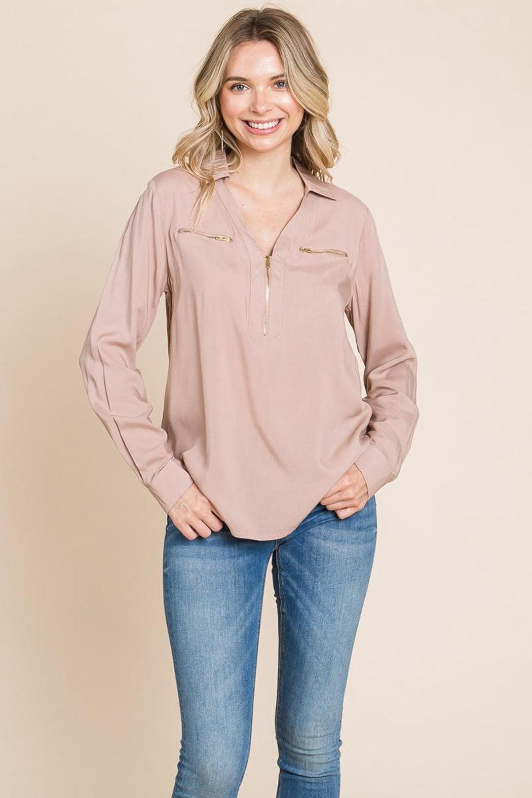 V Neck Front Zip Up Long Sleeve Top Product Image