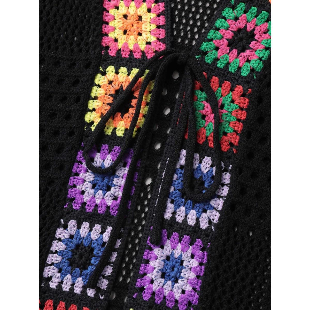 Plus Size Crocheted Cut-Out Tied Swim Cover-Up Women's Swimwear Black Beach Loose Texture Curve Swim Cover Ups BloomChic 28/5X Product Image