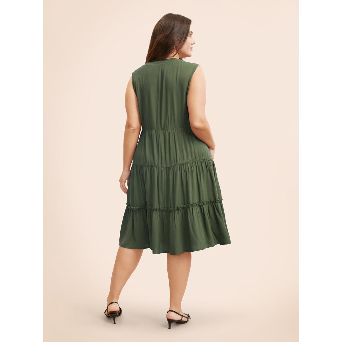 Plus Size Supersoft Essentials Notched Ruffle Layered Hem Sleeveless Dress ArmyGreen Women Elegant Gathered V-neck Sleeveless Curvy Midi Dress BloomChic 12/L Product Image
