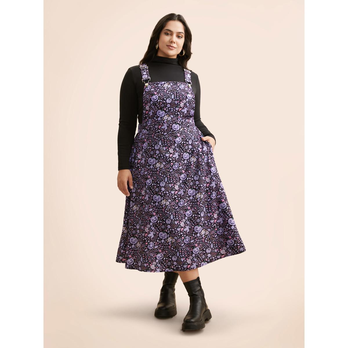 Plus Size Pumpkin Print Suspender Midi Dress BlueViolet Women Casual Non Party Curvy Bloomchic 28/5X Product Image