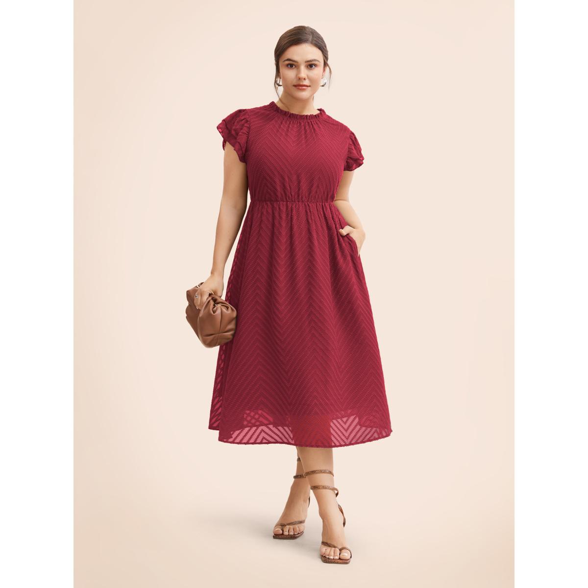Plus Size Plain Geometric Layered Sleeve Pocket Ruffle Mock Neck Dress Rosered Women Office See through Round Neck Cap Sleeve Curvy Midi Dress BloomChic 22-24/3X Product Image
