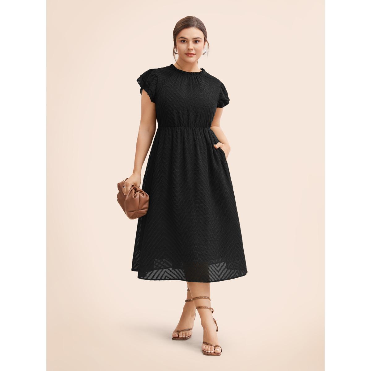 Plus Size Plain Geometric Layered Sleeve Pocket Ruffle Mock Neck Dress Pureblack Women Office See through Round Neck Cap Sleeve Curvy Midi Dress BloomChic 10/M Product Image