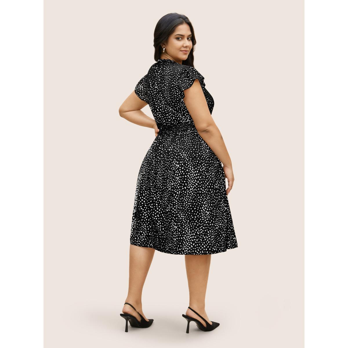 Plus Size Leopard Print Frill Trim Cap Sleeve Dress Black Women At the Office Round Neck Cap Sleeve Curvy BloomChic 18-20/2X Product Image