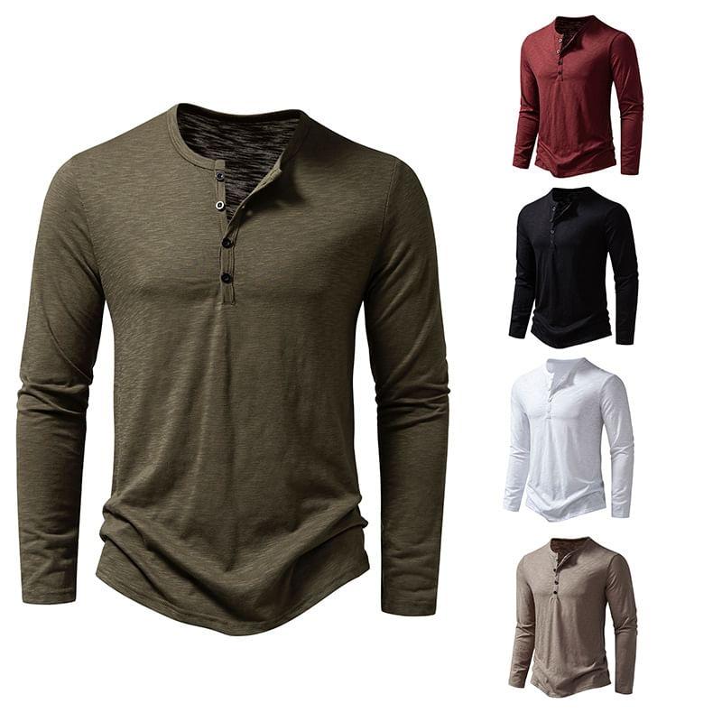 Long Sleeve Henley Plain T-Shirt Product Image