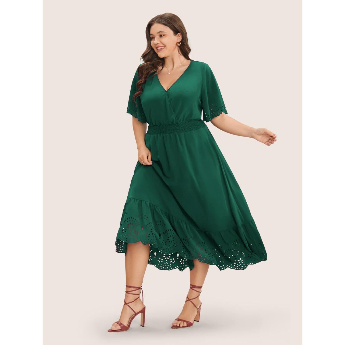 Plus Size Solid Laser Cut Shirred Pocket Wrap Scalloped Trim Flutter Dress Green Women Elegant Non V-neck Short sleeve Curvy Midi Dress BloomChic 30/6X Product Image