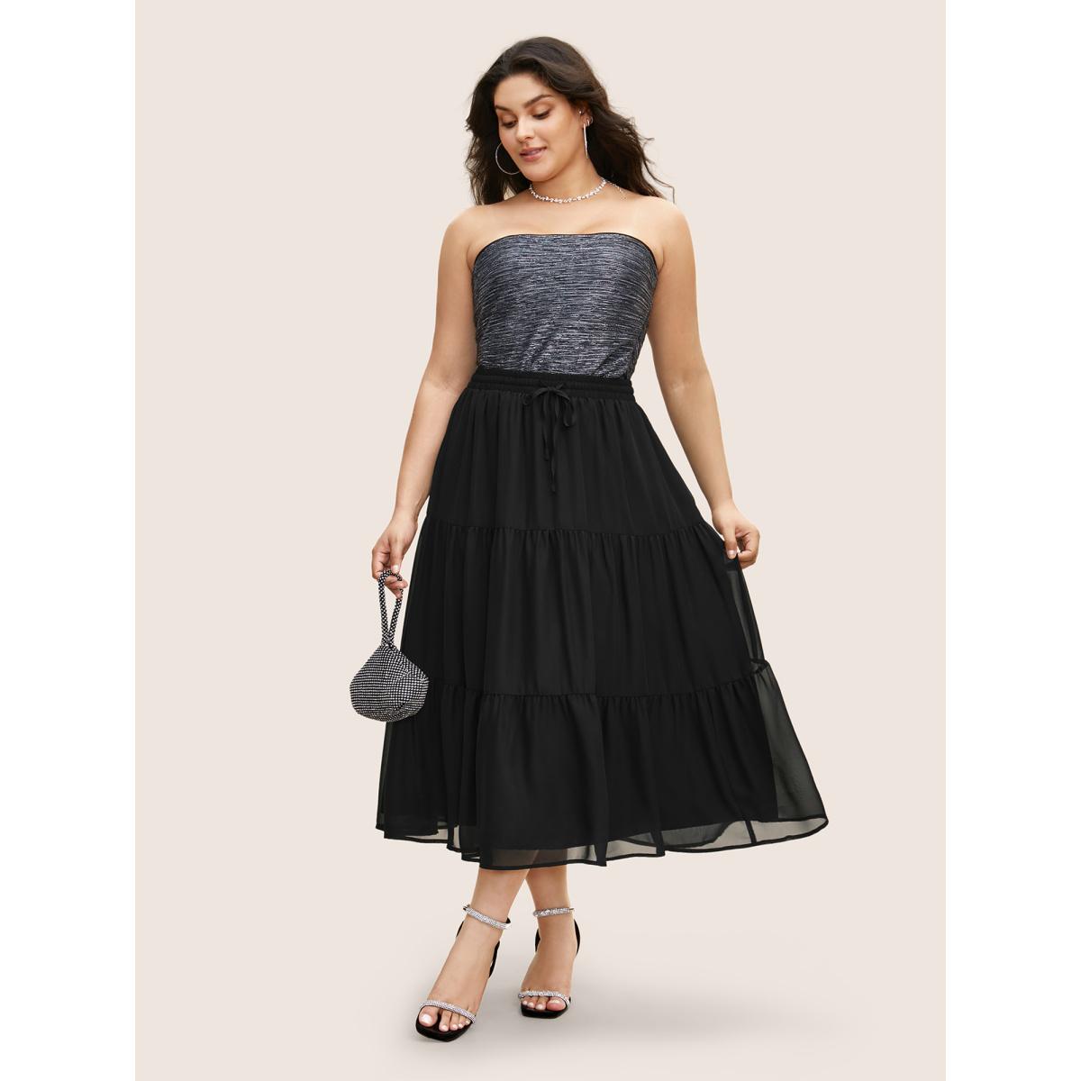 Plus Size Solid Tie Knot Elastic Waist Mesh Skirt Women Black Cocktail Tie knot No stretch Party Skirts BloomChic 18-20/2X Product Image