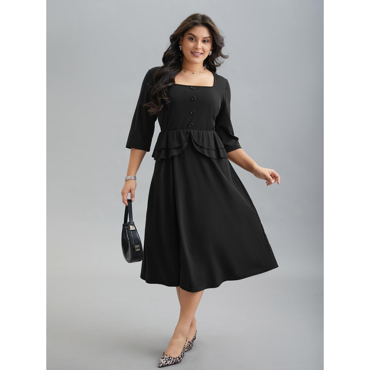 Plus Size Ruffle Trim Button Front Midi Dress Black Women At the Office Button Square Neck Elbow-length sleeve Curvy BloomChic 14-16/1X Product Image