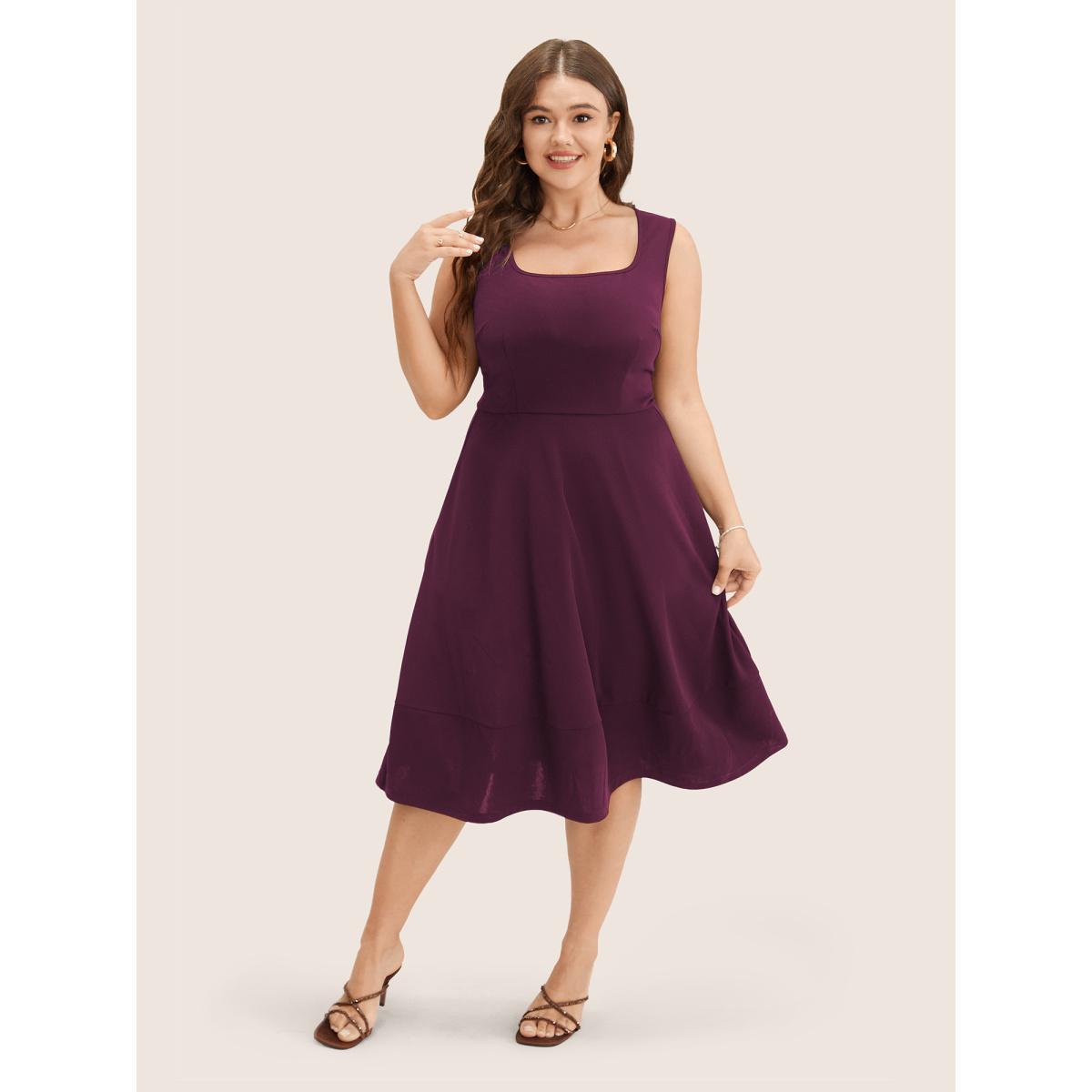 Plus Size Solid Pocket Sleeveless Ruffle Hem Tank Dress Eggplant Women Workwear Essentials Non Round Neck Sleeveless Curvy Midi Dress BloomChic 28/5X Product Image