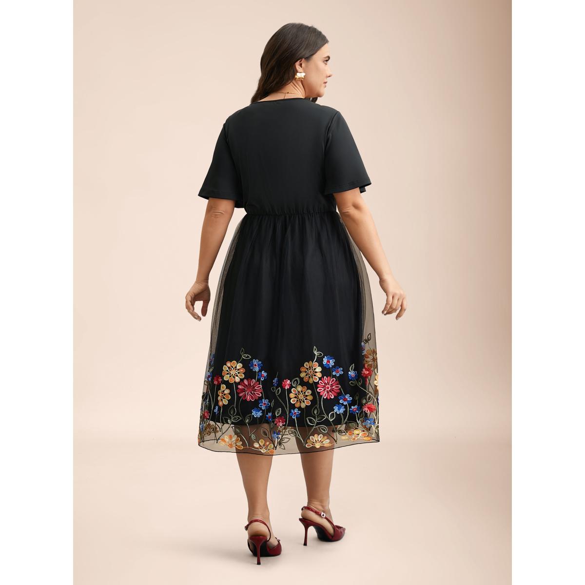 Plus Size Floral Embroidered Hem Stretchy-Waist Pockets Midi Dress BlackFlower Women Elegant See through V-neck Short sleeve Curvy BloomChic 22-24/3X Product Image