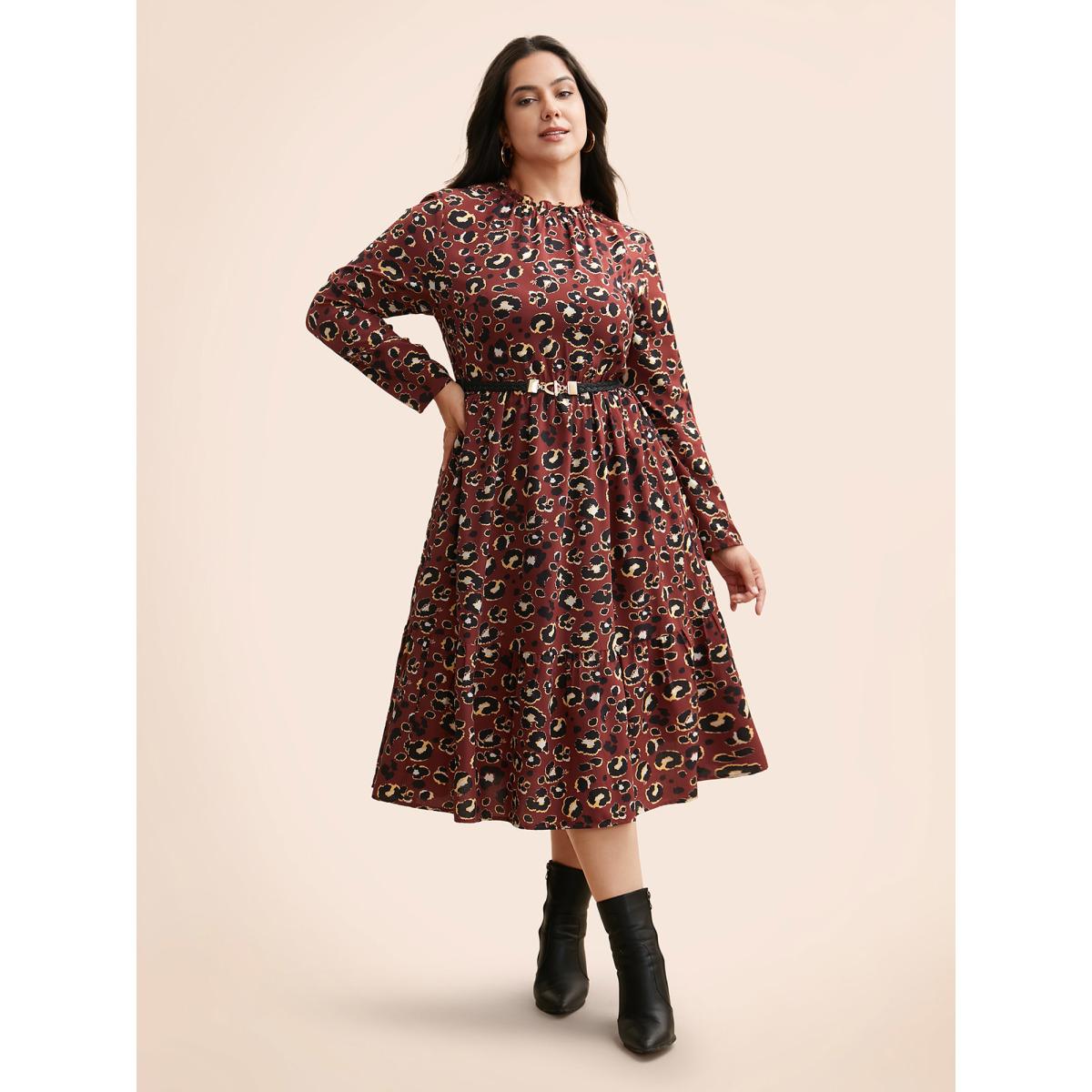 Plus Size Leopard Print Mock Neck Frill Trim Dress Russet Women Elegant Frill Trim Mock Neck Long Sleeve Curvy BloomChic 22-24/3X Product Image