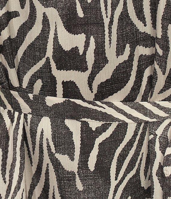 Vince Camuto Plus Size Wild Zebra Print Satin Yoryu V-Neck 3/4 Sleeve Belted A-Line Midi Dress Product Image