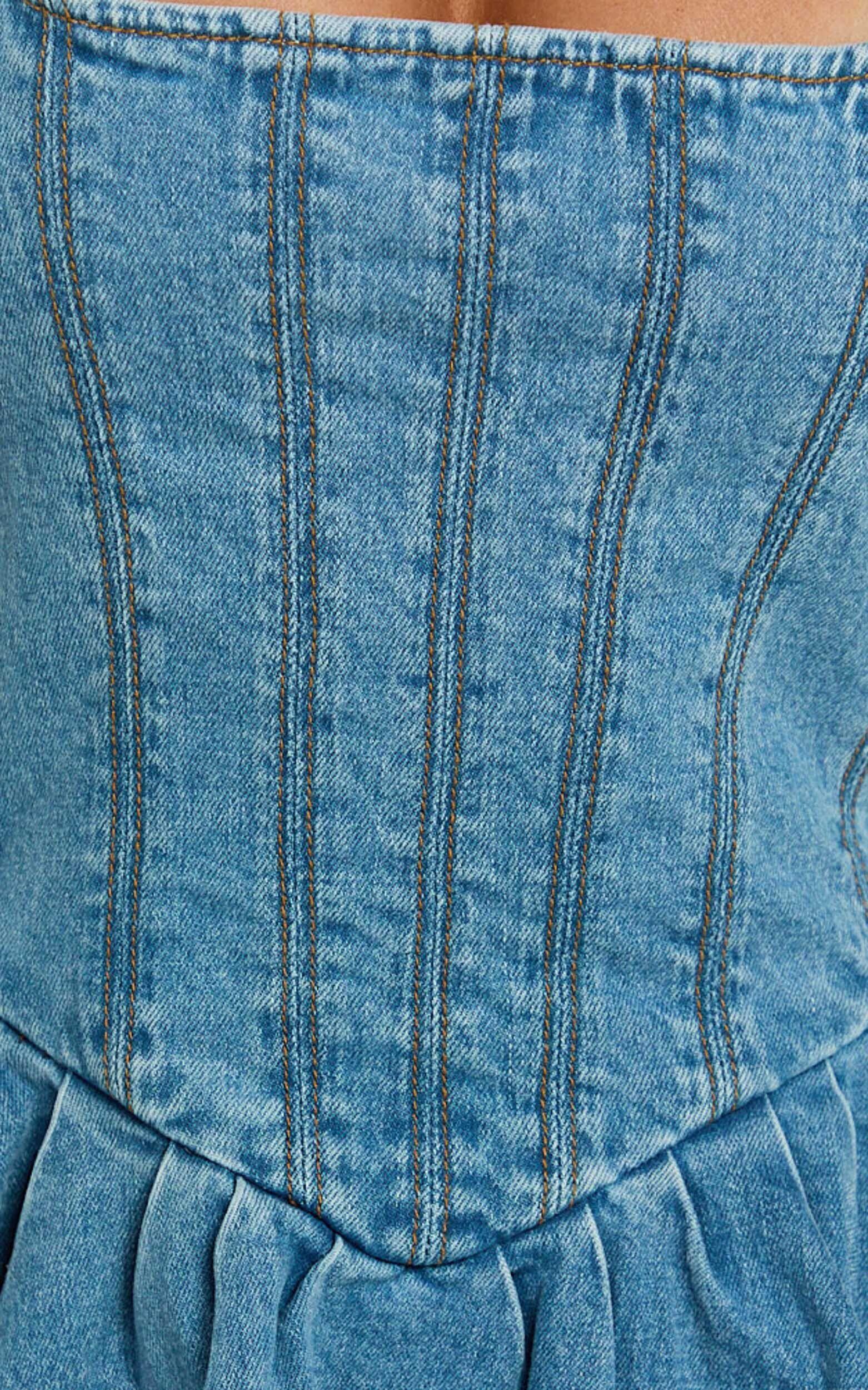 Hayes Mini Dress - Halter Neck Corset Bodice Dress in Mid Blue Wash Product Image