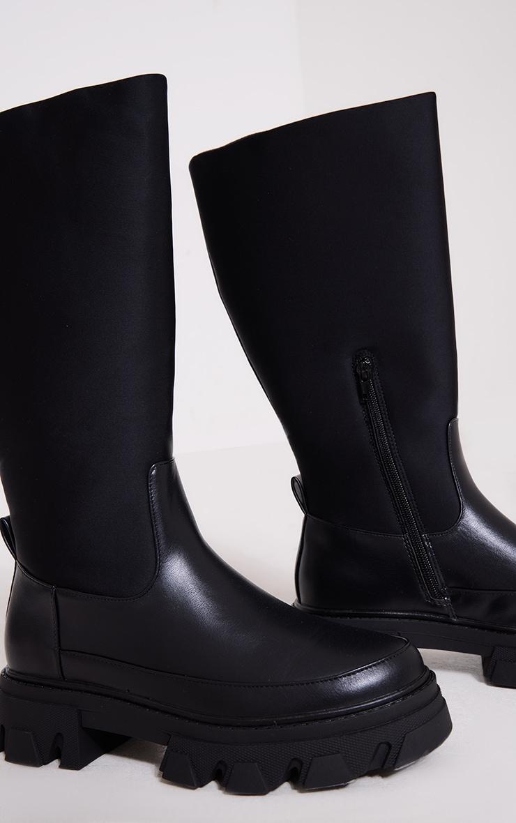 Black Wide Fit Pu Contrast Panel Round Toe Chunky Calf High Boots Product Image