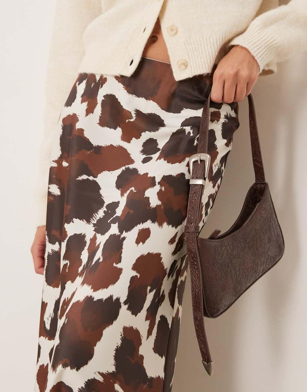 YAS satin midi skirt in brown cow print Product Image