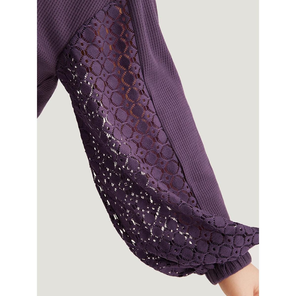 Plus Size Waffle Knit Lace Panel Drop Shoulder Sweatshirt Women Eggplant Elegant Elastic cuffs Round Neck Dailywear Sweatshirts BloomChic 22-24/3X Product Image