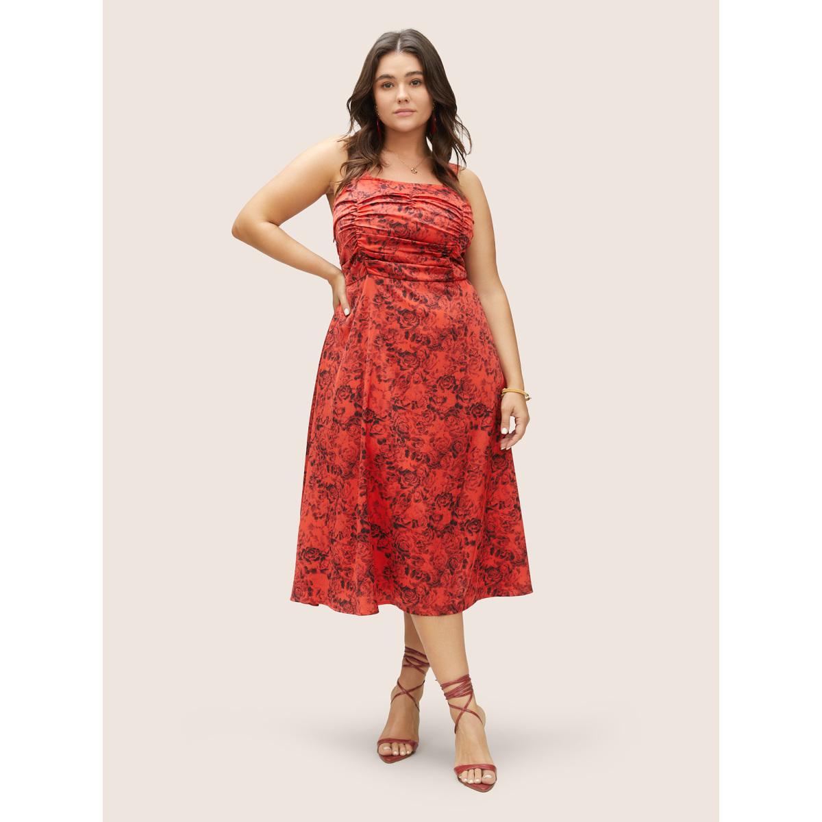 Plus Size Floral Print Ruched Detail Adjustable Straps Dress Raspberry Women Elegant Gathered Spaghetti Strap Sleeveless Curvy Midi Dress BloomChic 10/M Product Image