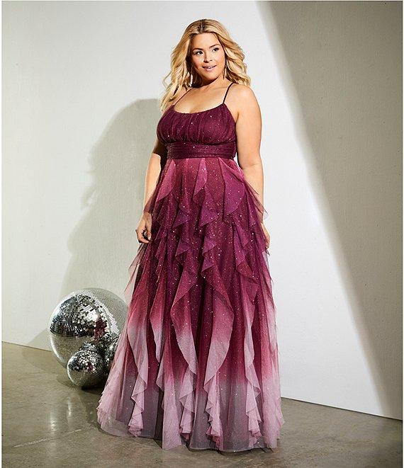 Pear Culture Plus Glitter Ombre Corkscrew Tulle Long Dress Product Image