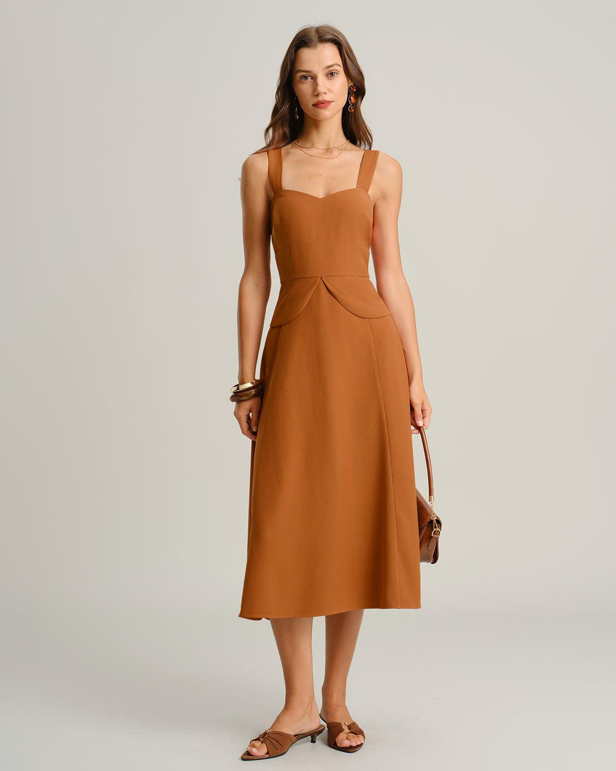 Caramel Sweetheart Neck Slip Midi Dress Product Image